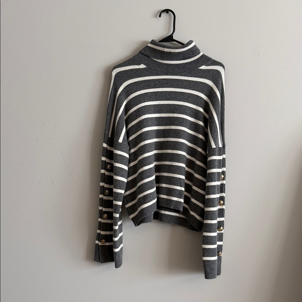 Massimo Dutti Gray & White Striped Turtleneck Sweater with Button Cuff